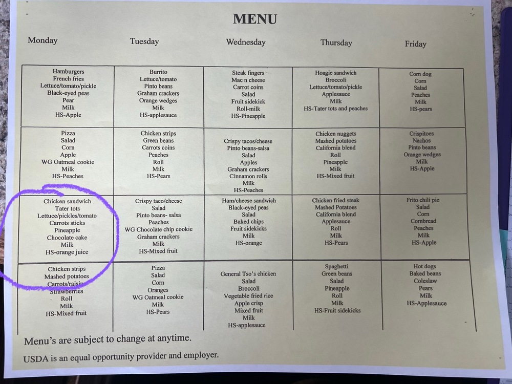 First day lunch menu will be week 3 (as circled). 